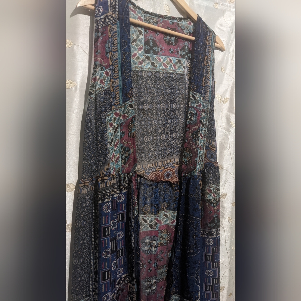 Boho Chic Multi Pattern Long Sleeveless Duster Sz… - image 3